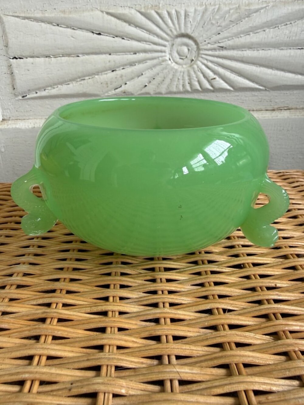 Vintage 1930s Fenton Green Jadite Round Bowl Dolphin Handles